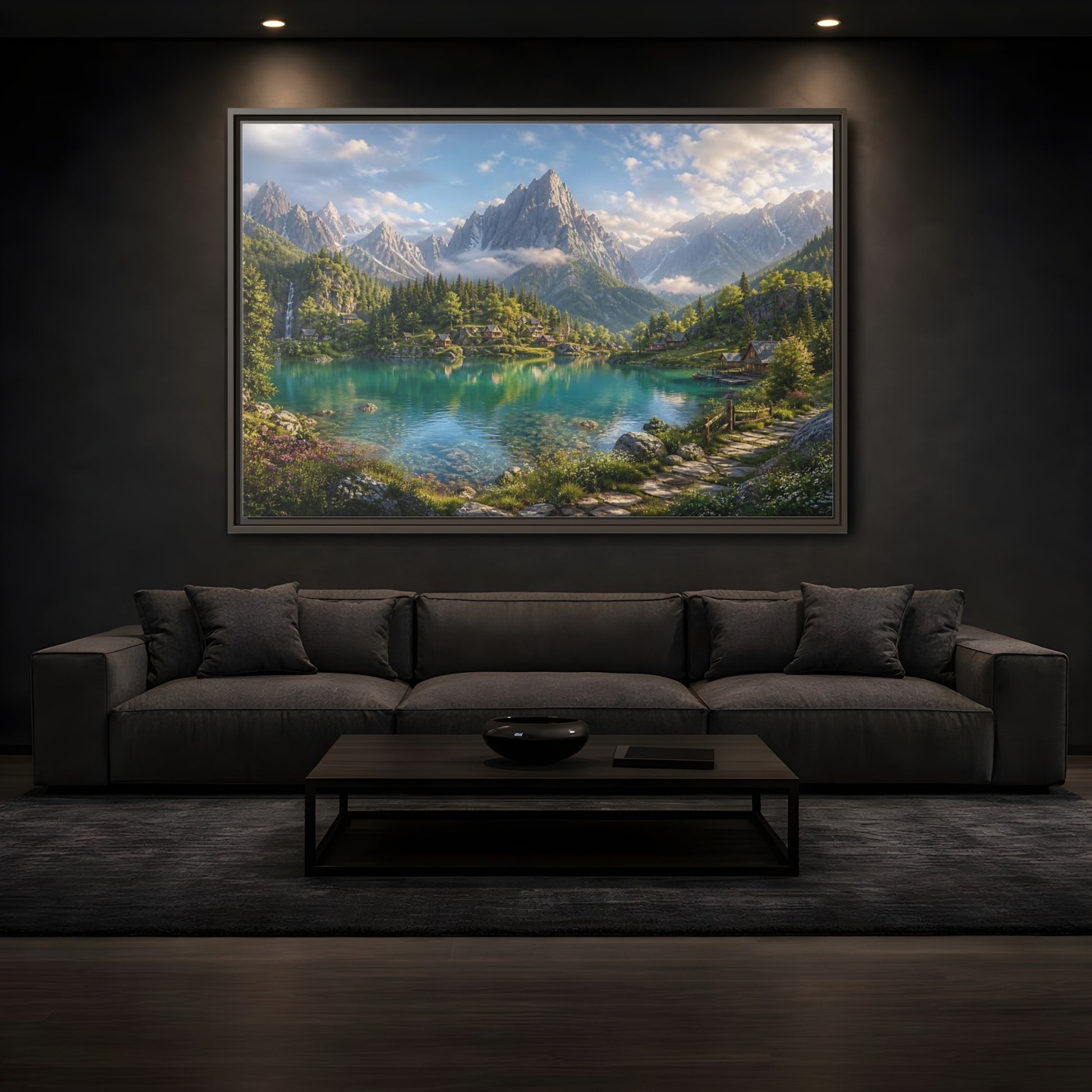 Mockup 3. Nature Mountain Lake Turquoise Mountain Lake shown as stretched canvas wall art