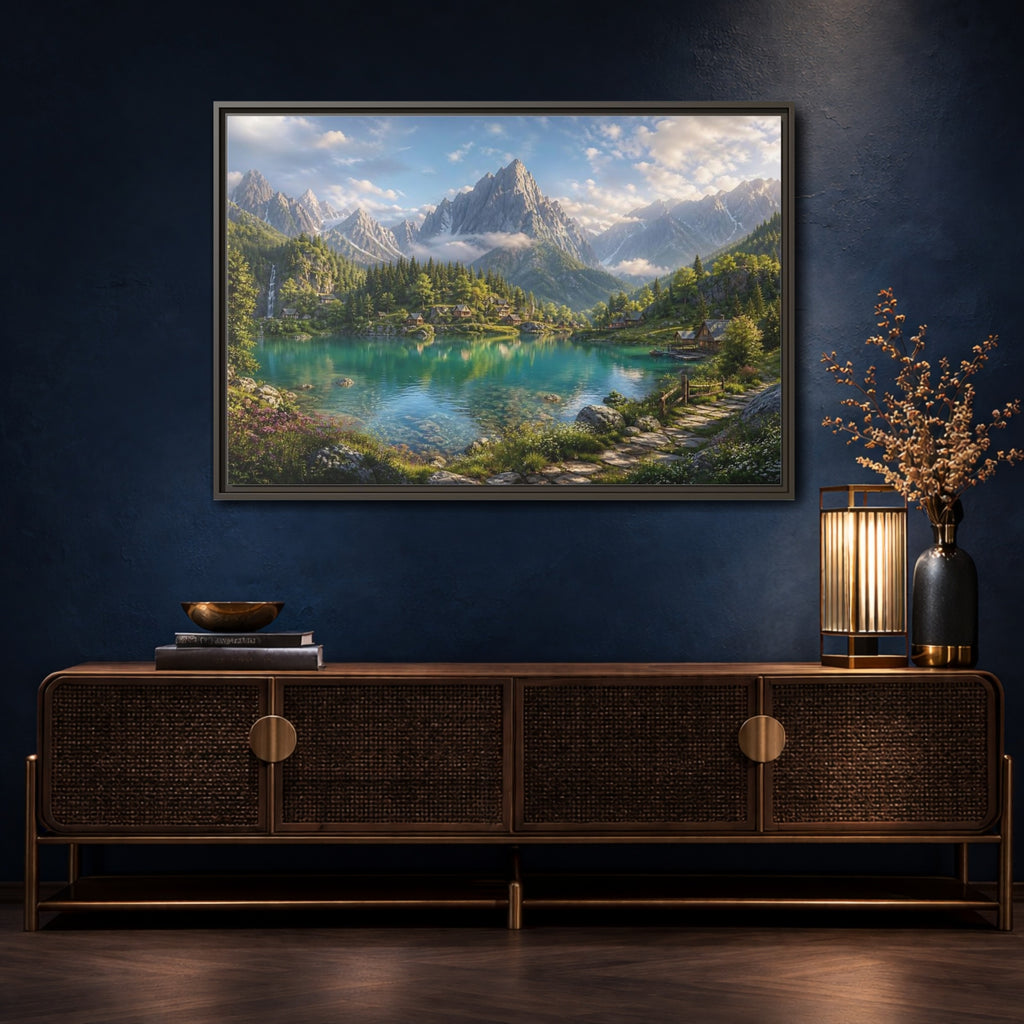 Mockup 4. Nature Mountain Lake Turquoise Mountain Lake shown as stretched canvas wall art