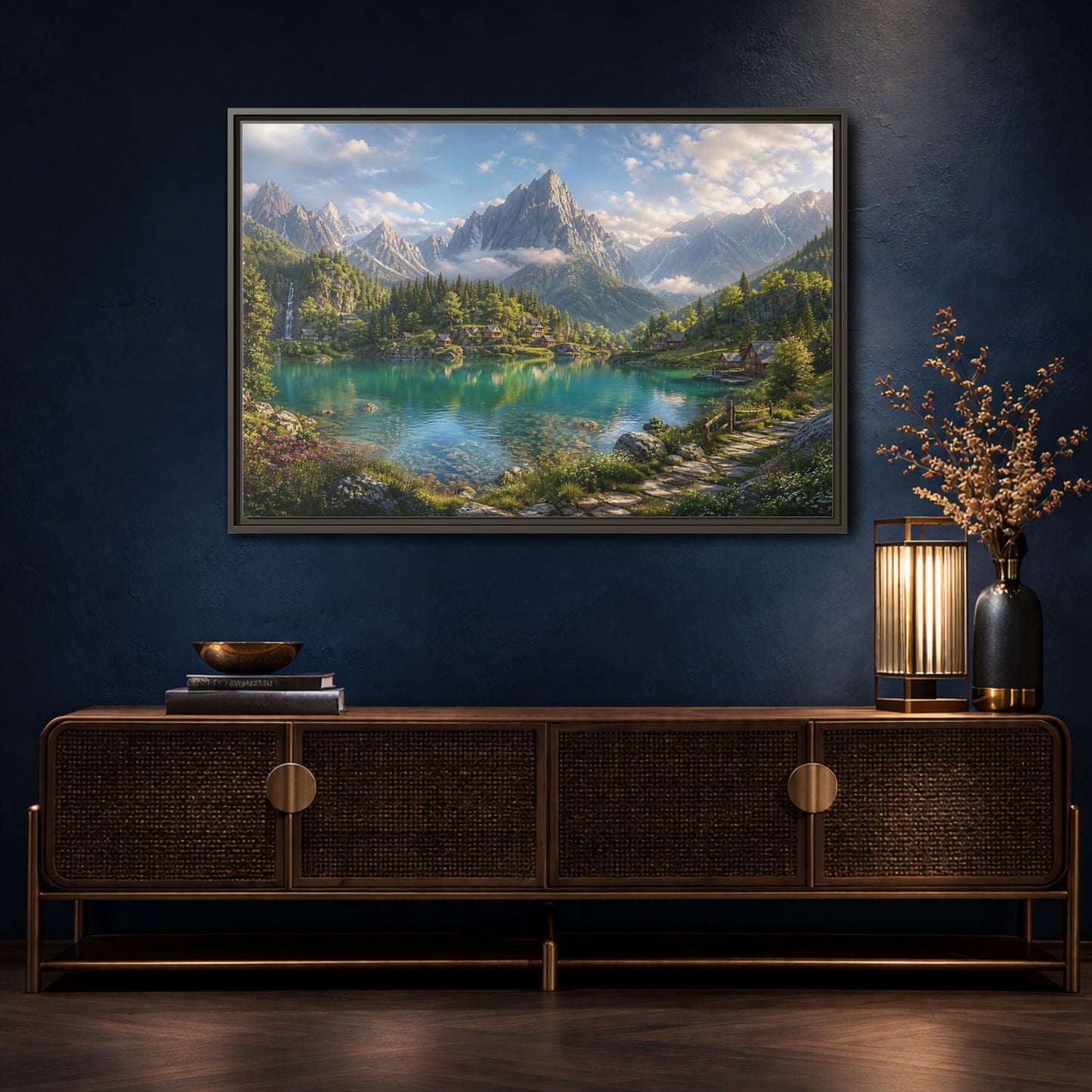Mockup 4. Nature Mountain Lake Turquoise Mountain Lake shown as stretched canvas wall art