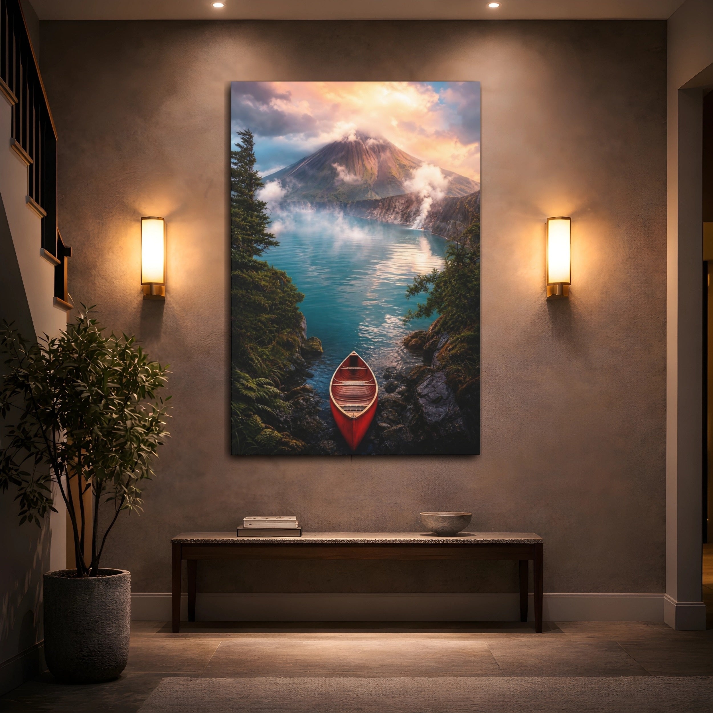 Mockup 2. Nature Mountain Lake Vibrant Lake Mountain shown as stretched canvas wall art