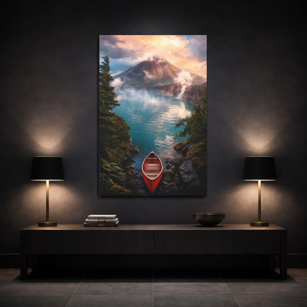 Mockup 3. Nature Mountain Lake Vibrant Lake Mountain shown as stretched canvas wall art