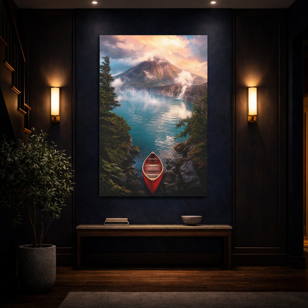 Mockup 4. Nature Mountain Lake Vibrant Lake Mountain shown as stretched canvas wall art
