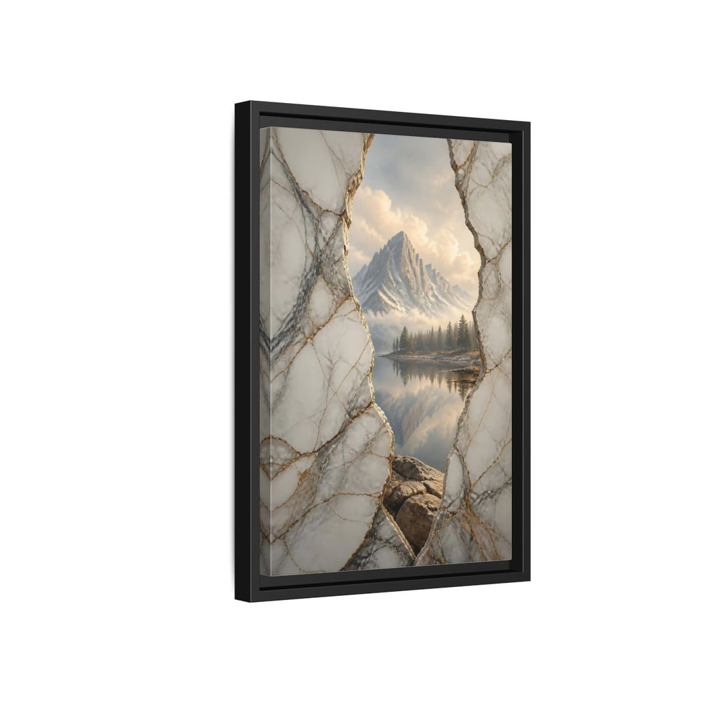Side Mockup 6. Nature Mountain Lake White Gold Mountain shown as stretched canvas wall art
