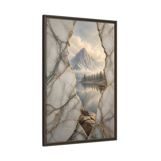 Main Mockup. Nature Mountain Lake White Gold Mountain shown as stretched canvas wall art