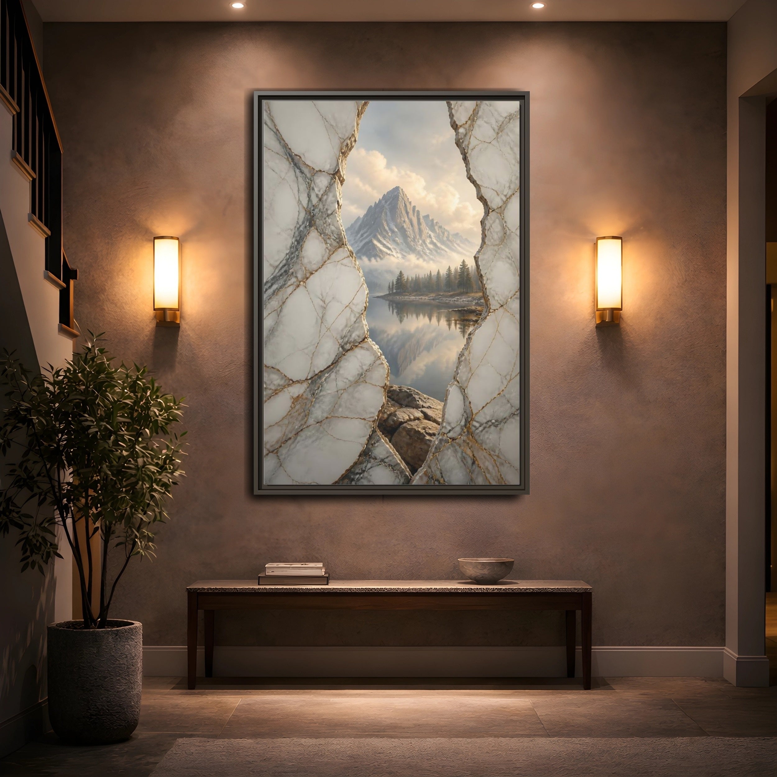 Mockup 2. Nature Mountain Lake White Gold Mountain shown as stretched canvas wall art