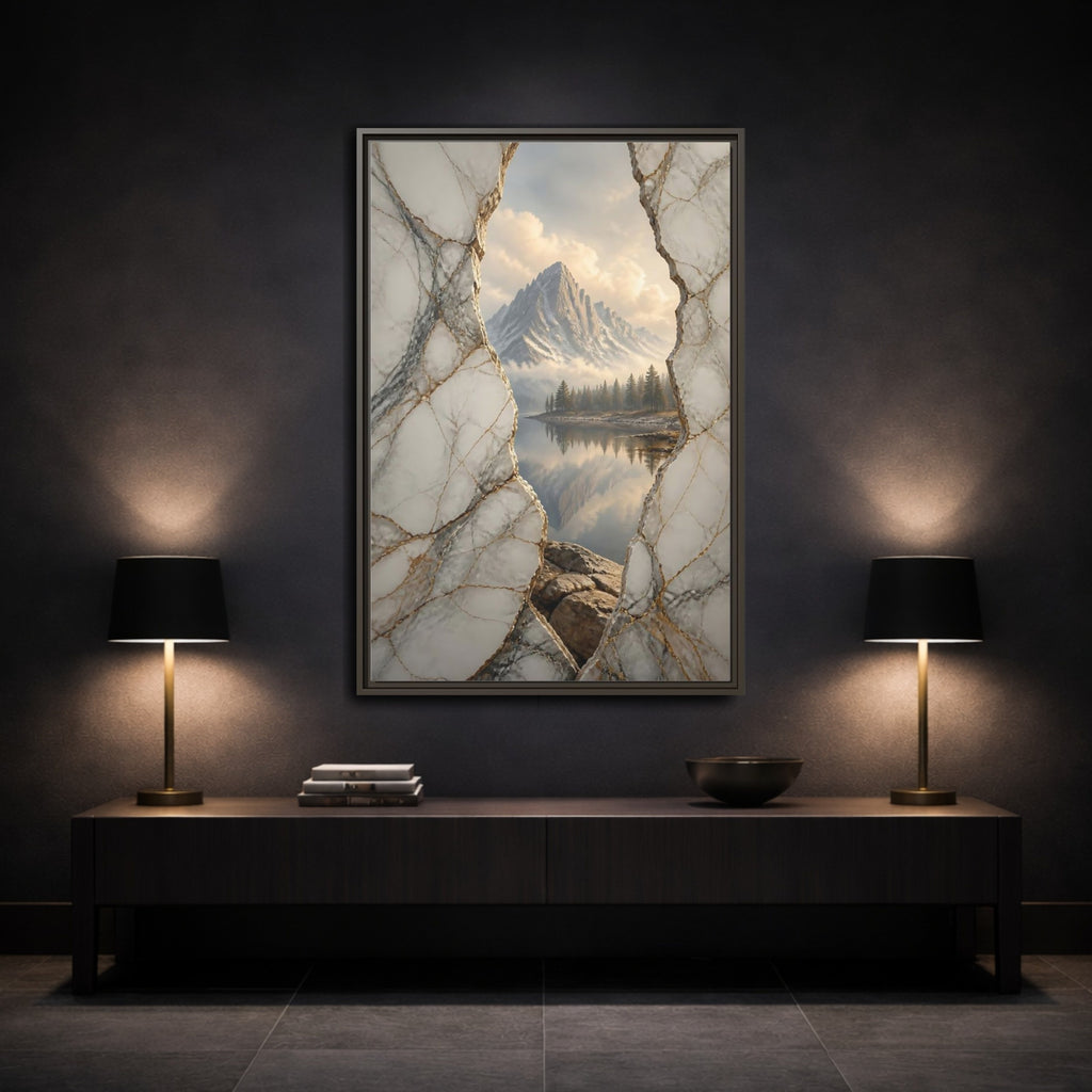 Mockup 3. Nature Mountain Lake White Gold Mountain shown as stretched canvas wall art