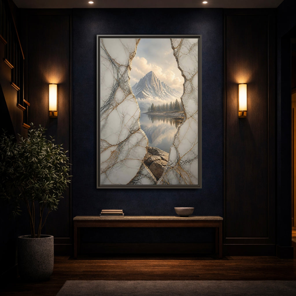 Mockup 4. Nature Mountain Lake White Gold Mountain shown as stretched canvas wall art