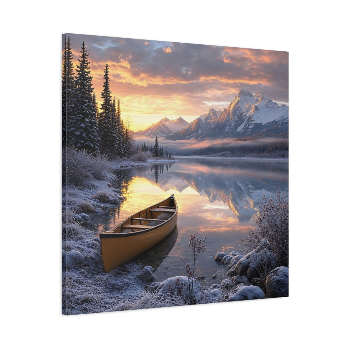 Main Mockup. Nature Mountain Lake Winter Lake Sunset shown as stretched canvas wall art