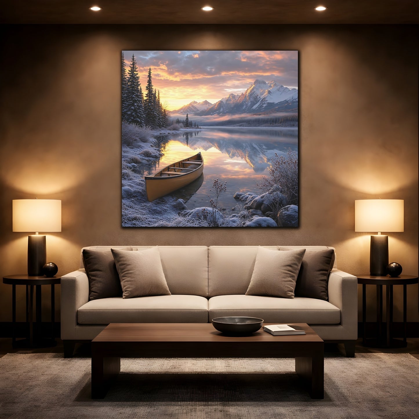 Mockup 2. Nature Mountain Lake Winter Lake Sunset shown as stretched canvas wall art