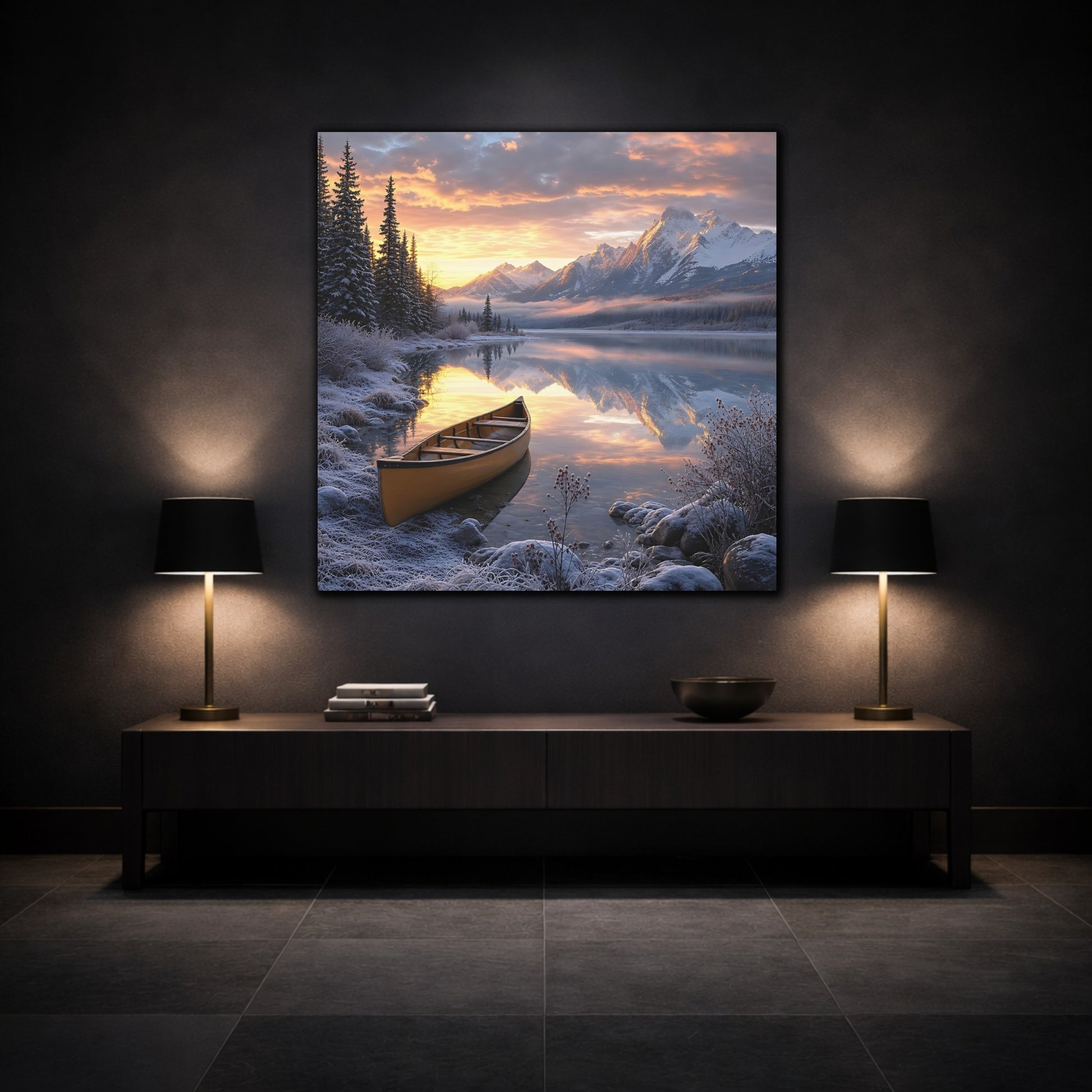 Mockup 3. Nature Mountain Lake Winter Lake Sunset shown as stretched canvas wall art