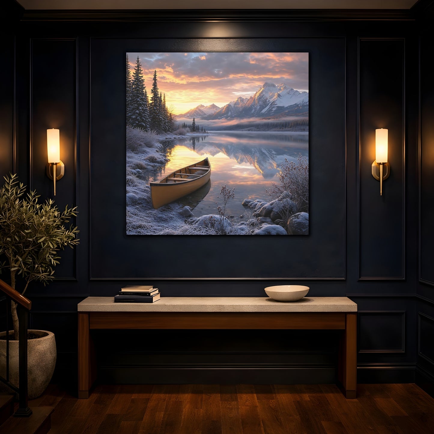 Mockup 4. Nature Mountain Lake Winter Lake Sunset shown as stretched canvas wall art