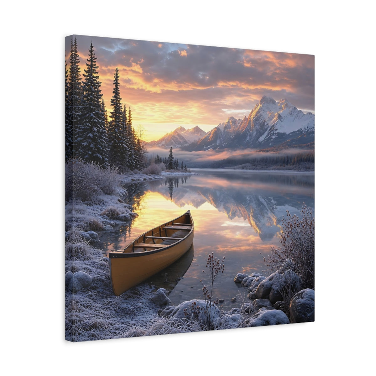 Side Mockup 5. Nature Mountain Lake Winter Lake Sunset shown as stretched canvas wall art