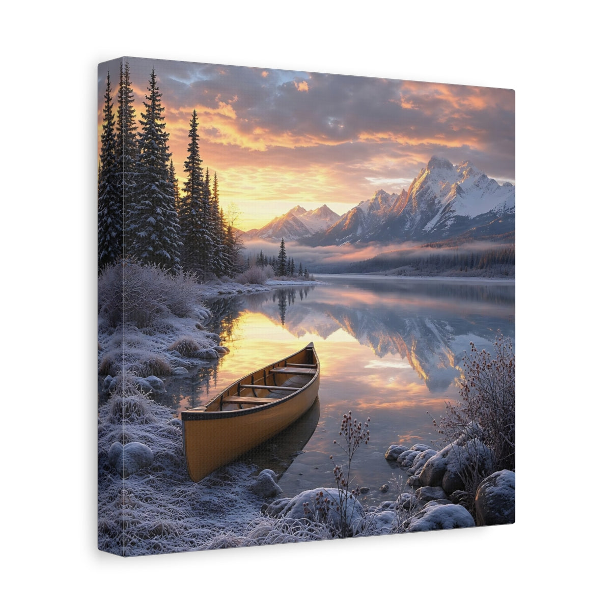 Side Mockup 9. Nature Mountain Lake Winter Lake Sunset shown as stretched canvas wall art