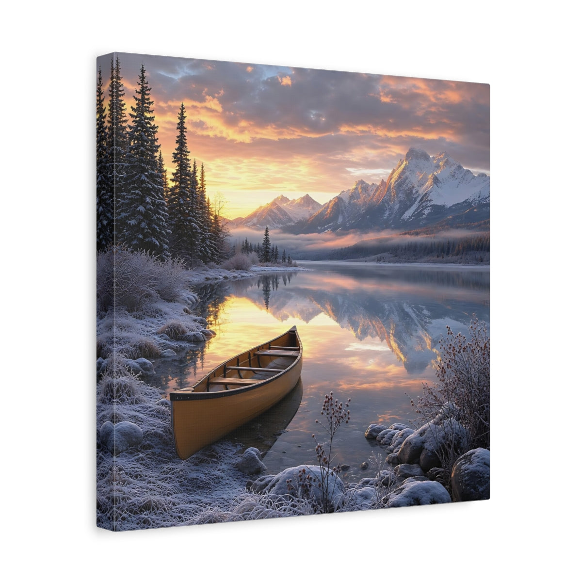 Side Mockup 7. Nature Mountain Lake Winter Lake Sunset shown as stretched canvas wall art
