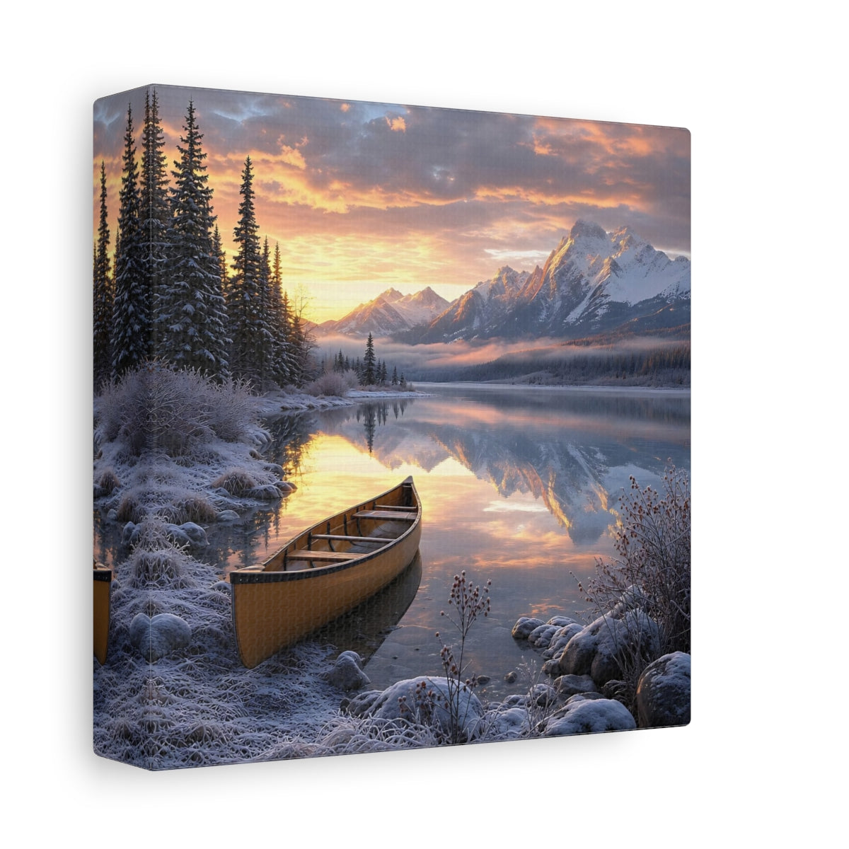 Side Mockup 2. Nature Mountain Lake Winter Lake Sunset shown as stretched canvas wall art
