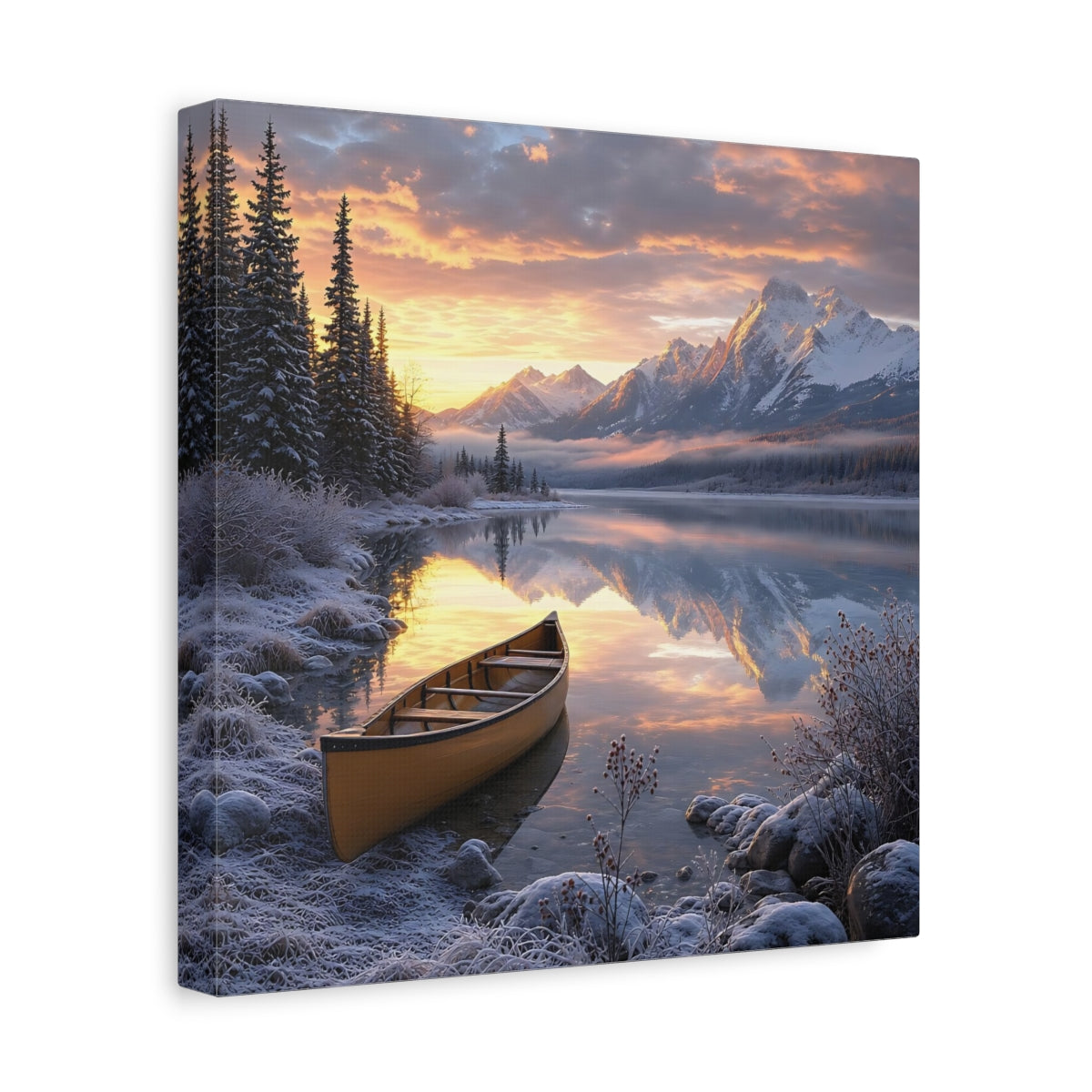 Side Mockup 8. Nature Mountain Lake Winter Lake Sunset shown as stretched canvas wall art