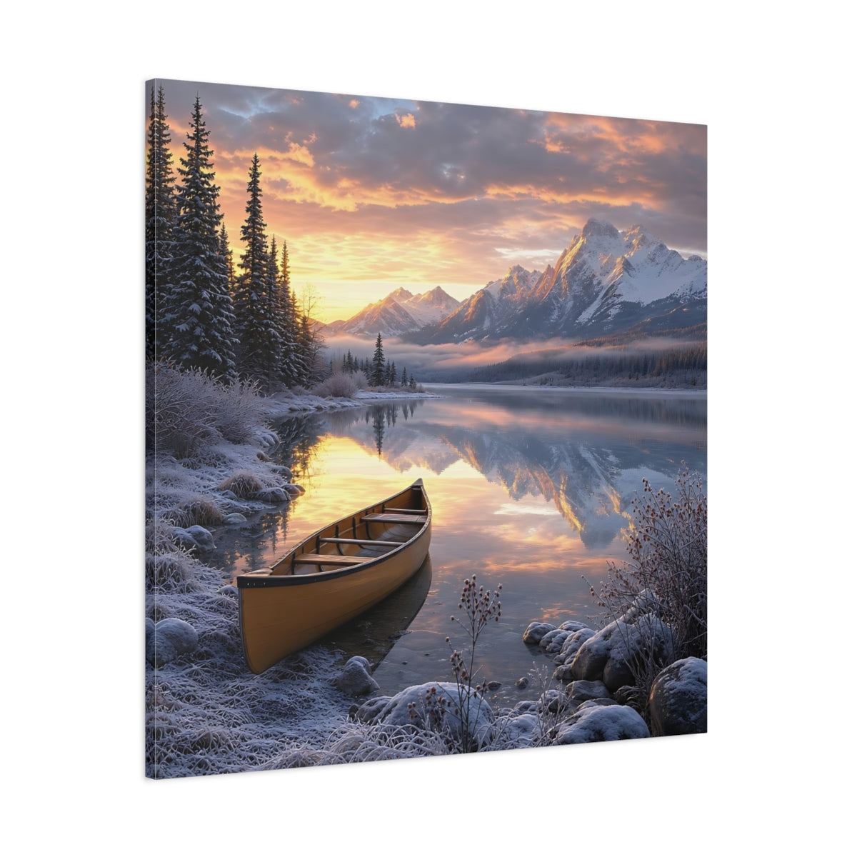 Side Mockup 1. Nature Mountain Lake Winter Lake Sunset shown as stretched canvas wall art