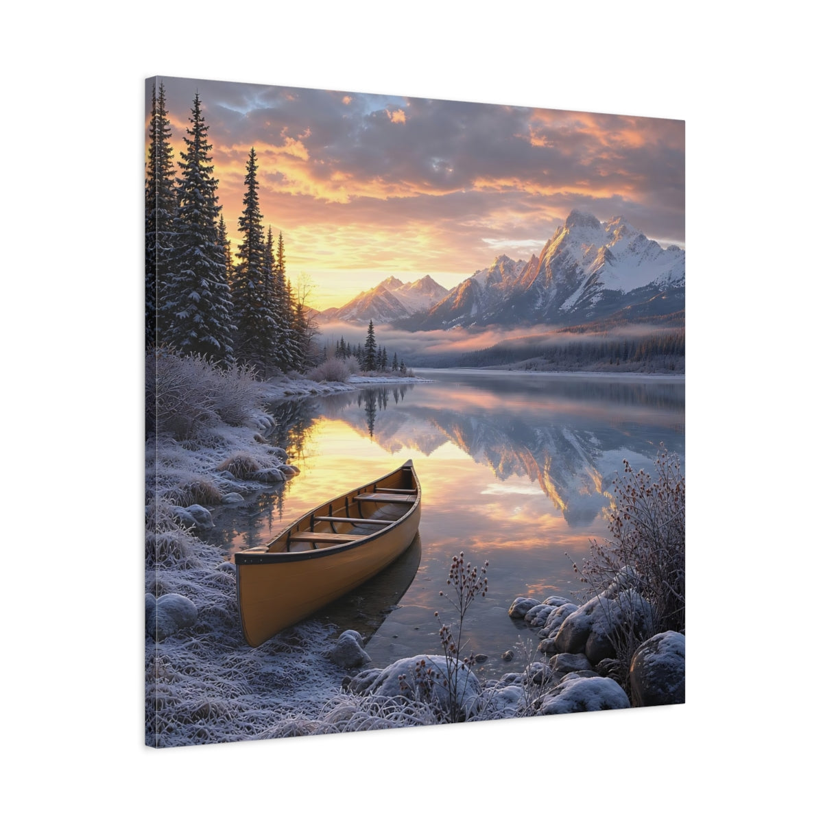 Side Mockup 3. Nature Mountain Lake Winter Lake Sunset shown as stretched canvas wall art