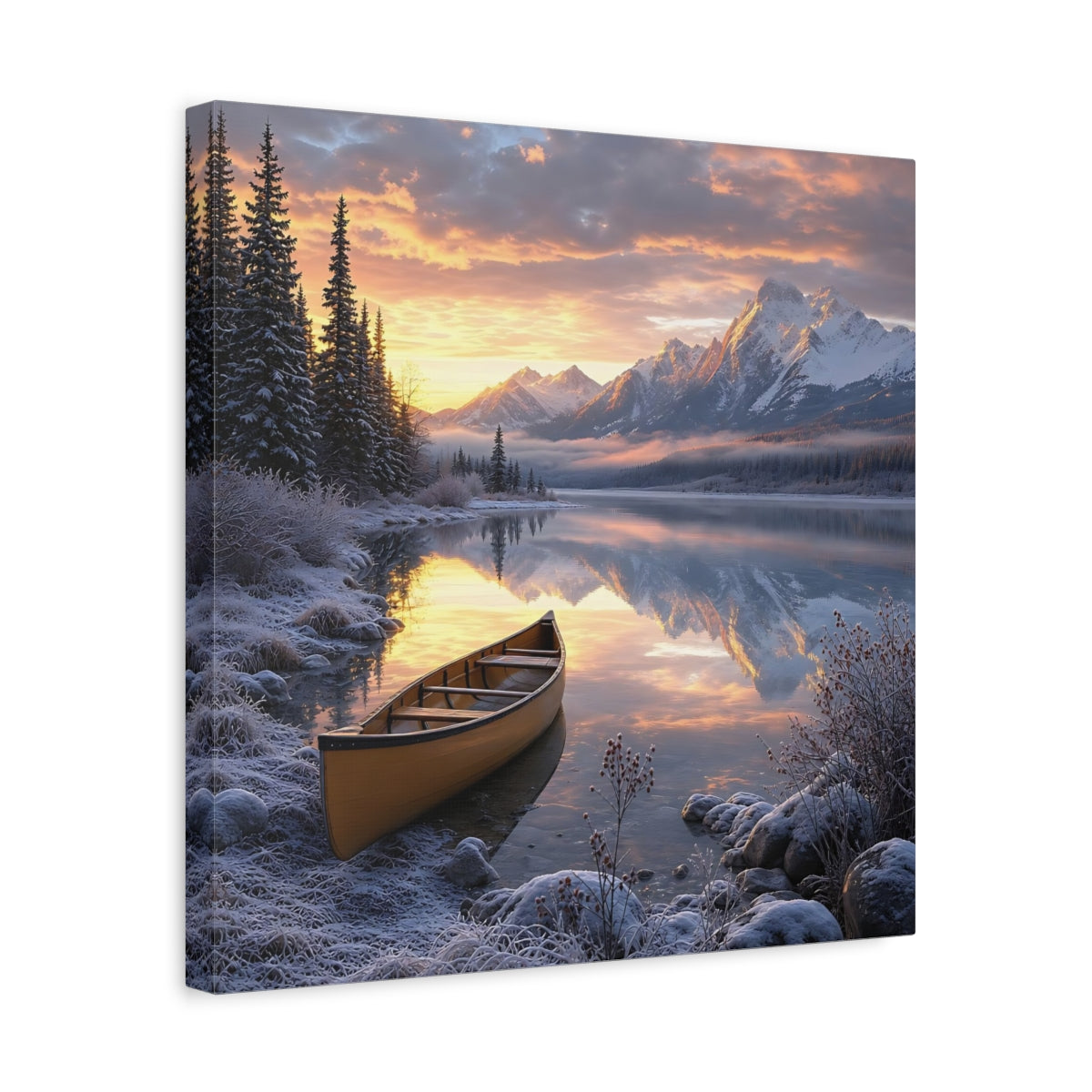 Side Mockup 6. Nature Mountain Lake Winter Lake Sunset shown as stretched canvas wall art