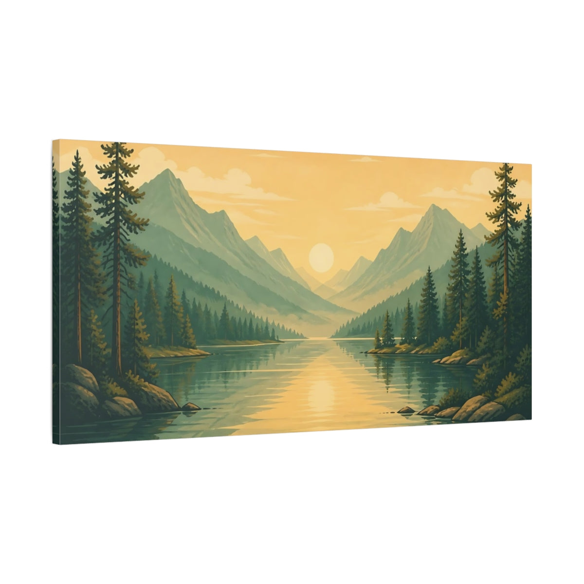 Main Mockup. Nature Mountain Lake Yellow Green Landscape shown as stretched canvas wall art