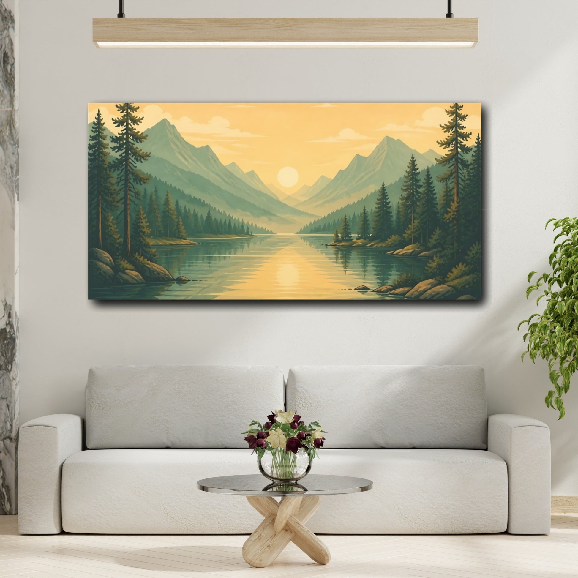 Mockup 2. Nature Mountain Lake Yellow Green Landscape shown as stretched canvas wall art