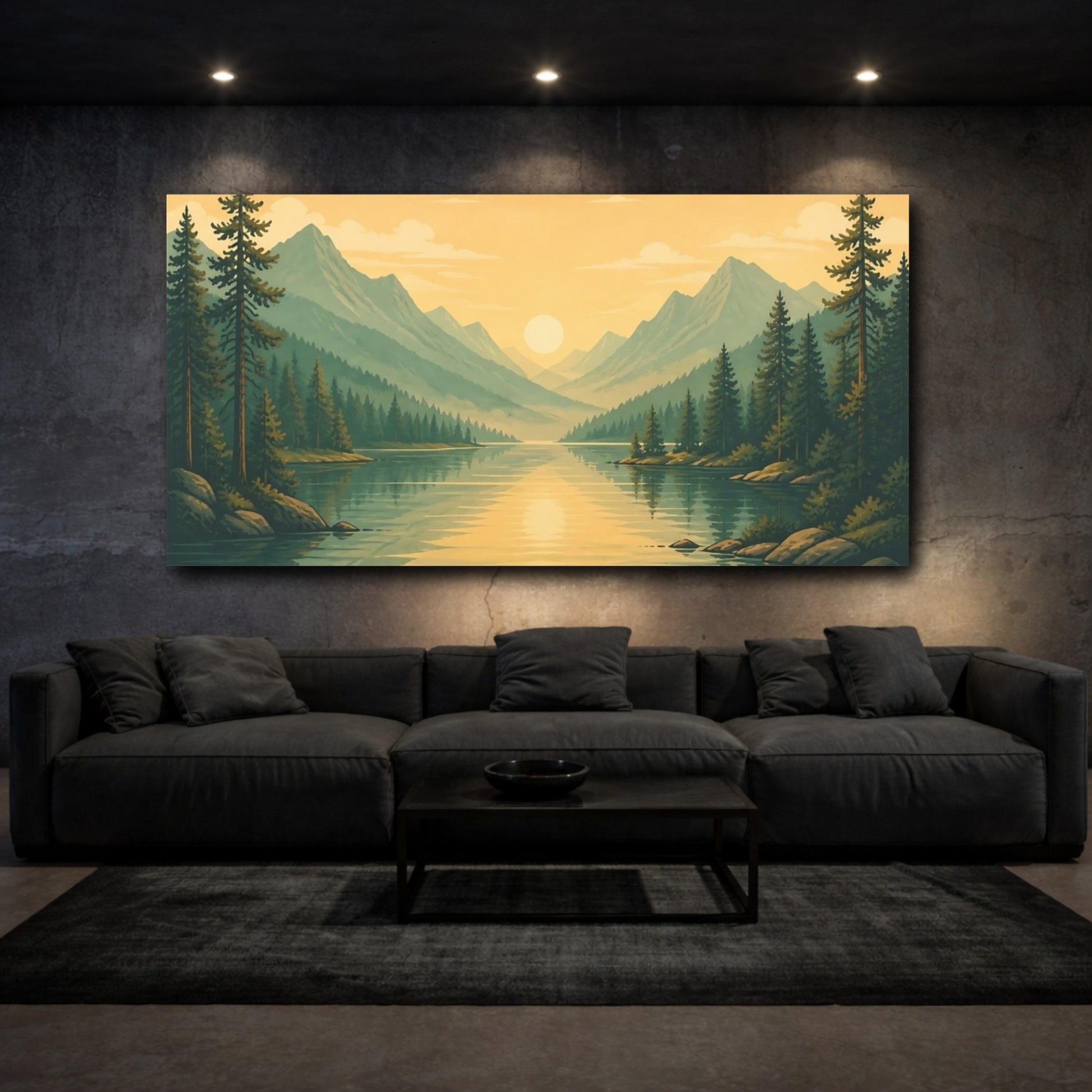 Mockup 3. Nature Mountain Lake Yellow Green Landscape shown as stretched canvas wall art