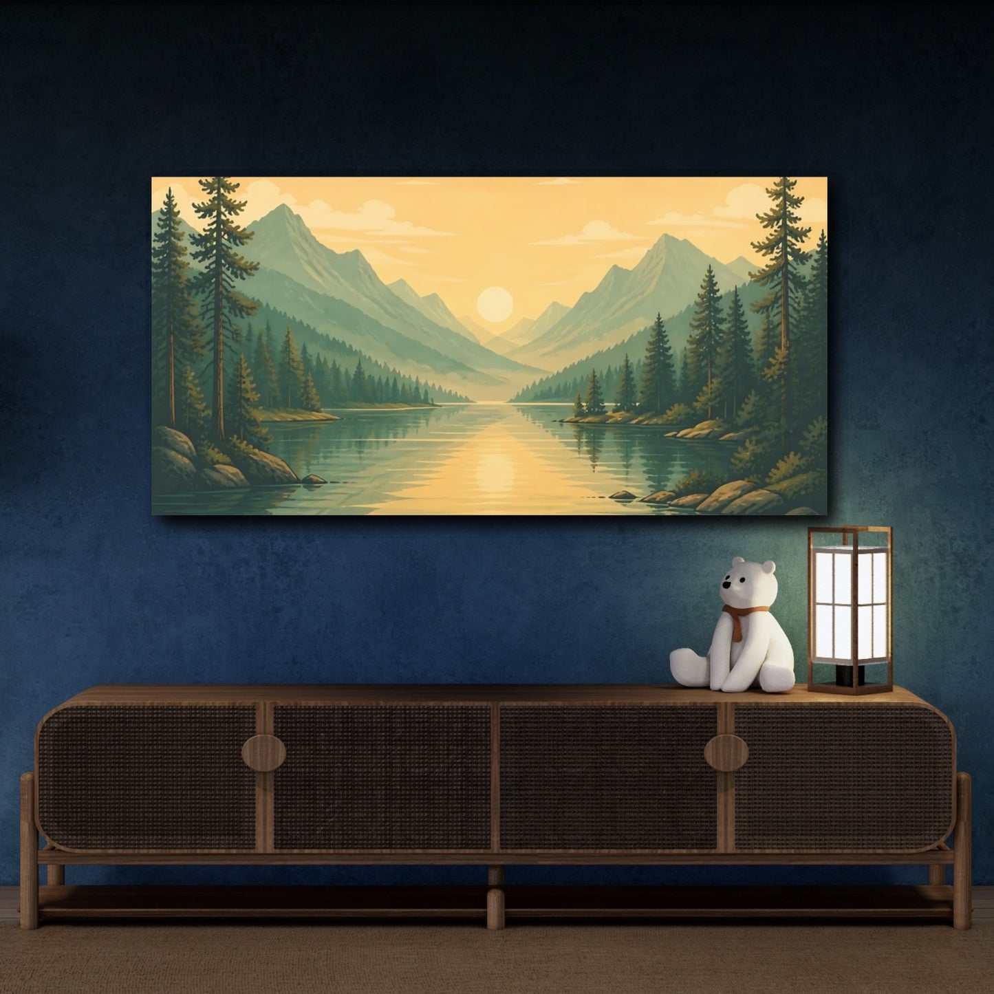 Mockup 4. Nature Mountain Lake Yellow Green Landscape shown as stretched canvas wall art
