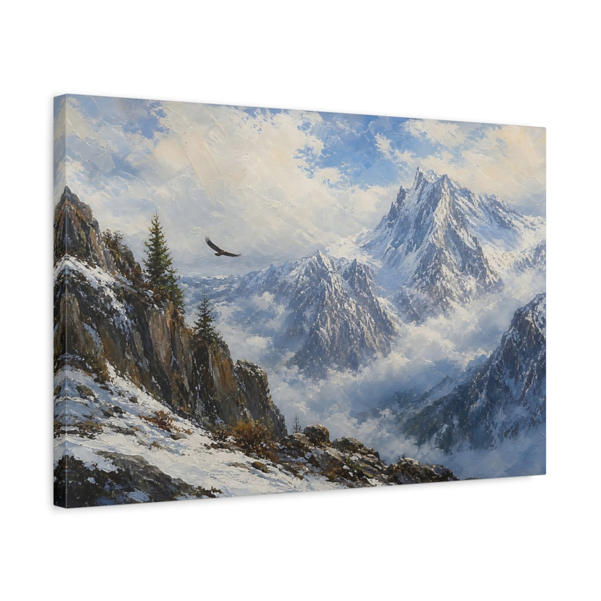 Side Mockup 3. Nature Mountain Landscape Blue And White Mountains shown as stretched canvas wall art