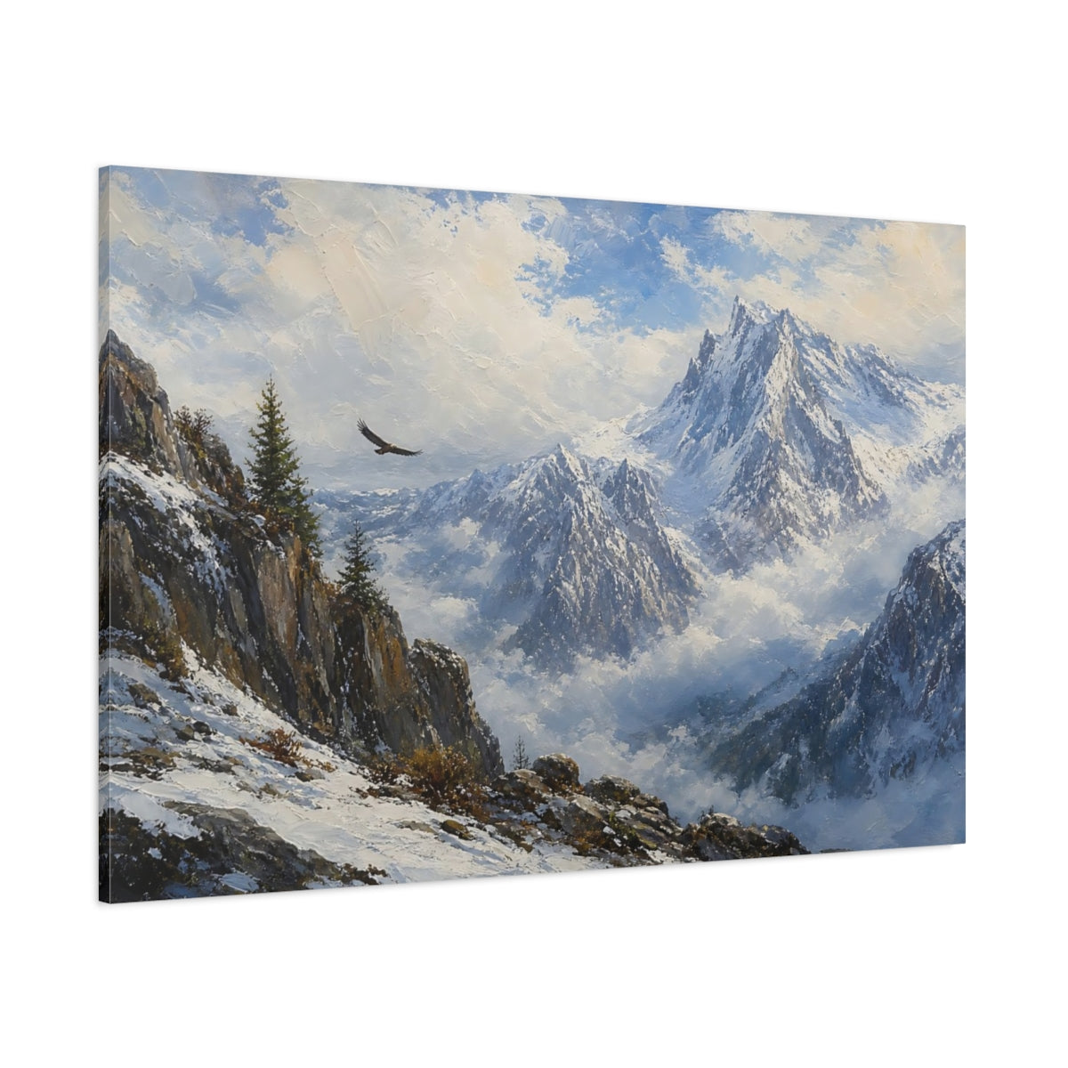 Side Mockup 1. Nature Mountain Landscape Blue And White Mountains shown as stretched canvas wall art