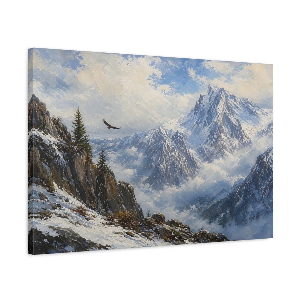 Side Mockup 2. Nature Mountain Landscape Blue And White Mountains shown as stretched canvas wall art