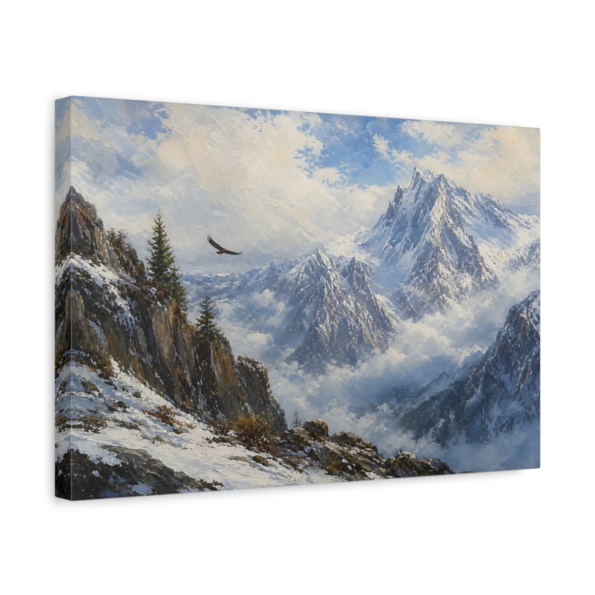 Side Mockup 4. Nature Mountain Landscape Blue And White Mountains shown as stretched canvas wall art