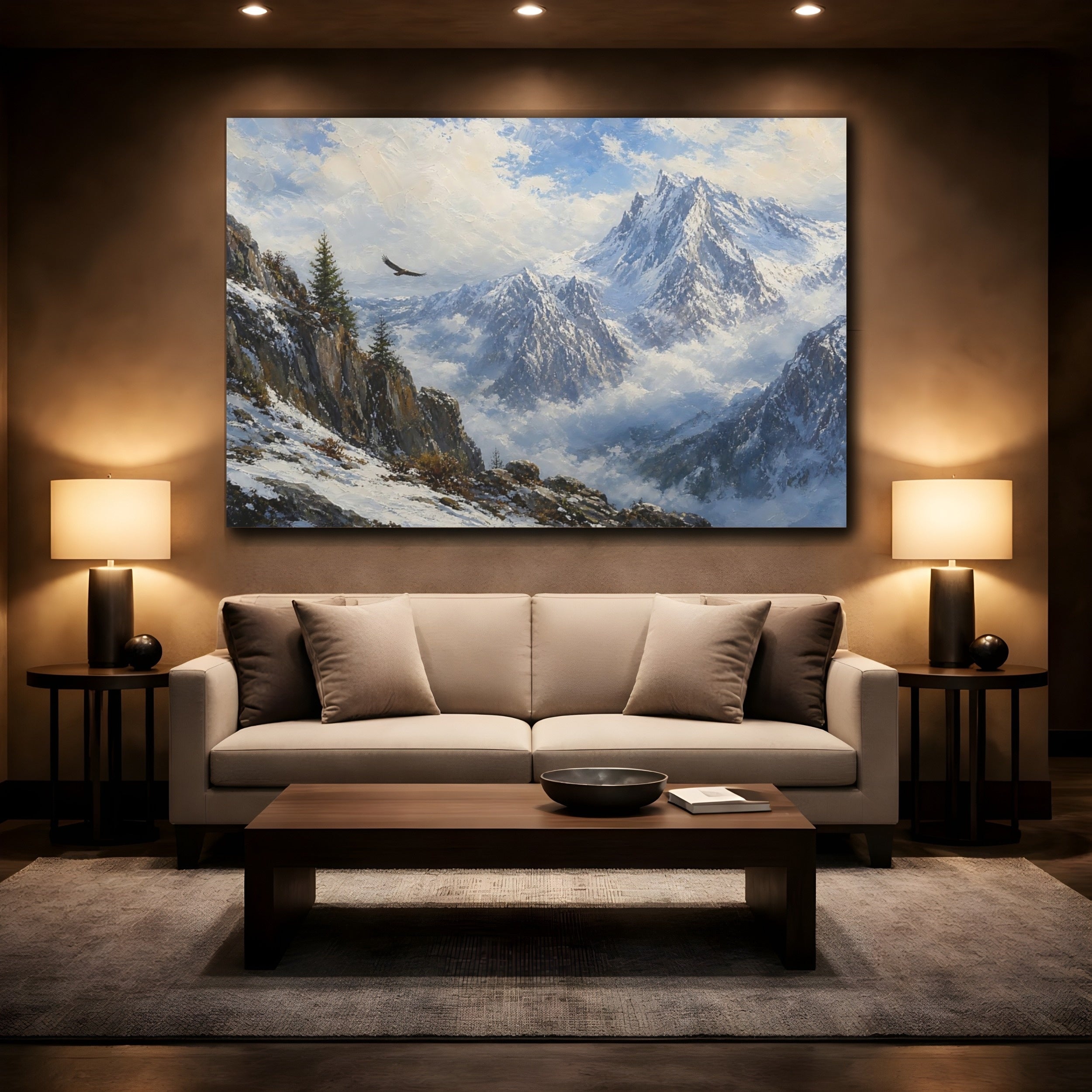 Mockup 2. Nature Mountain Landscape Blue And White Mountains shown as stretched canvas wall art