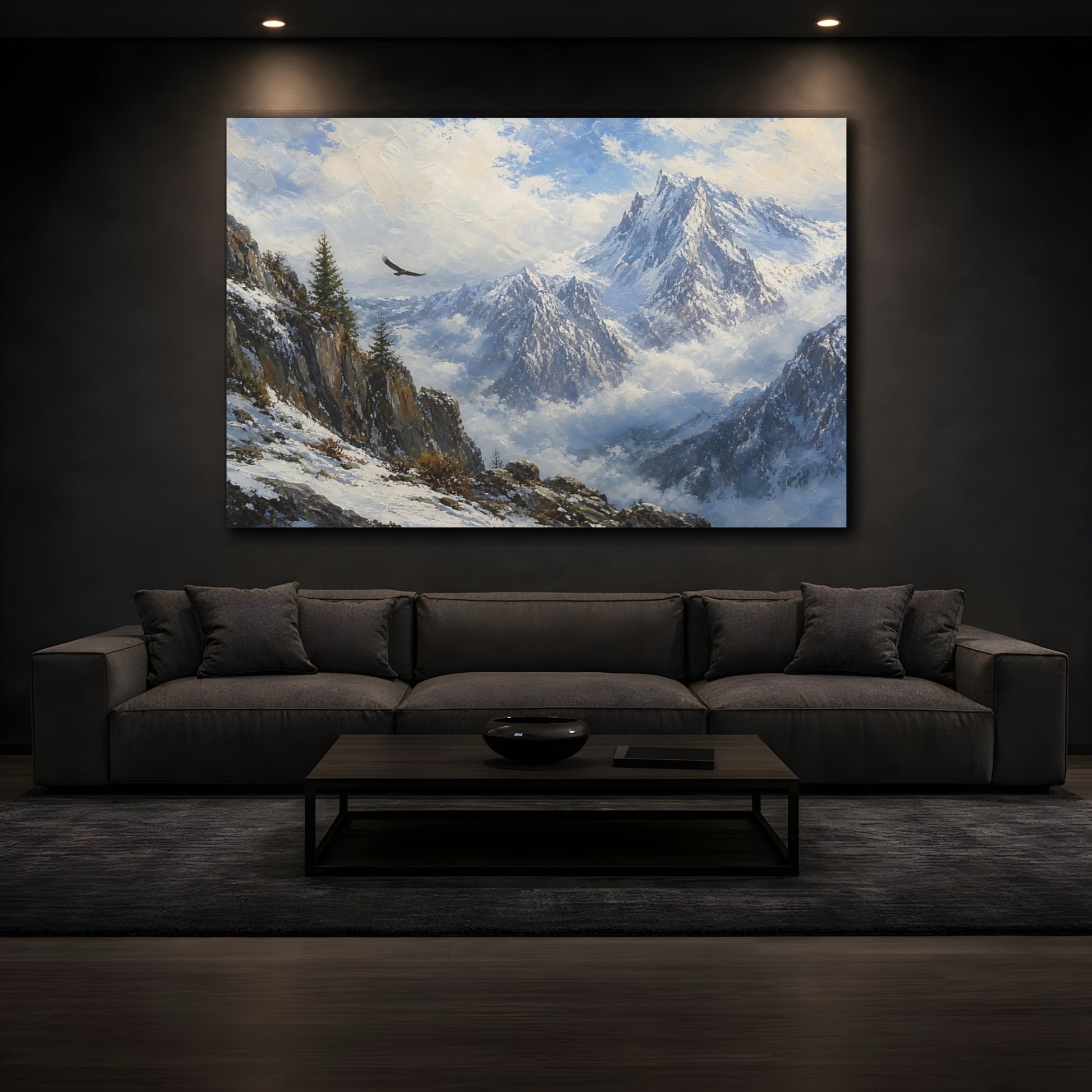 Mockup 3. Nature Mountain Landscape Blue And White Mountains shown as stretched canvas wall art