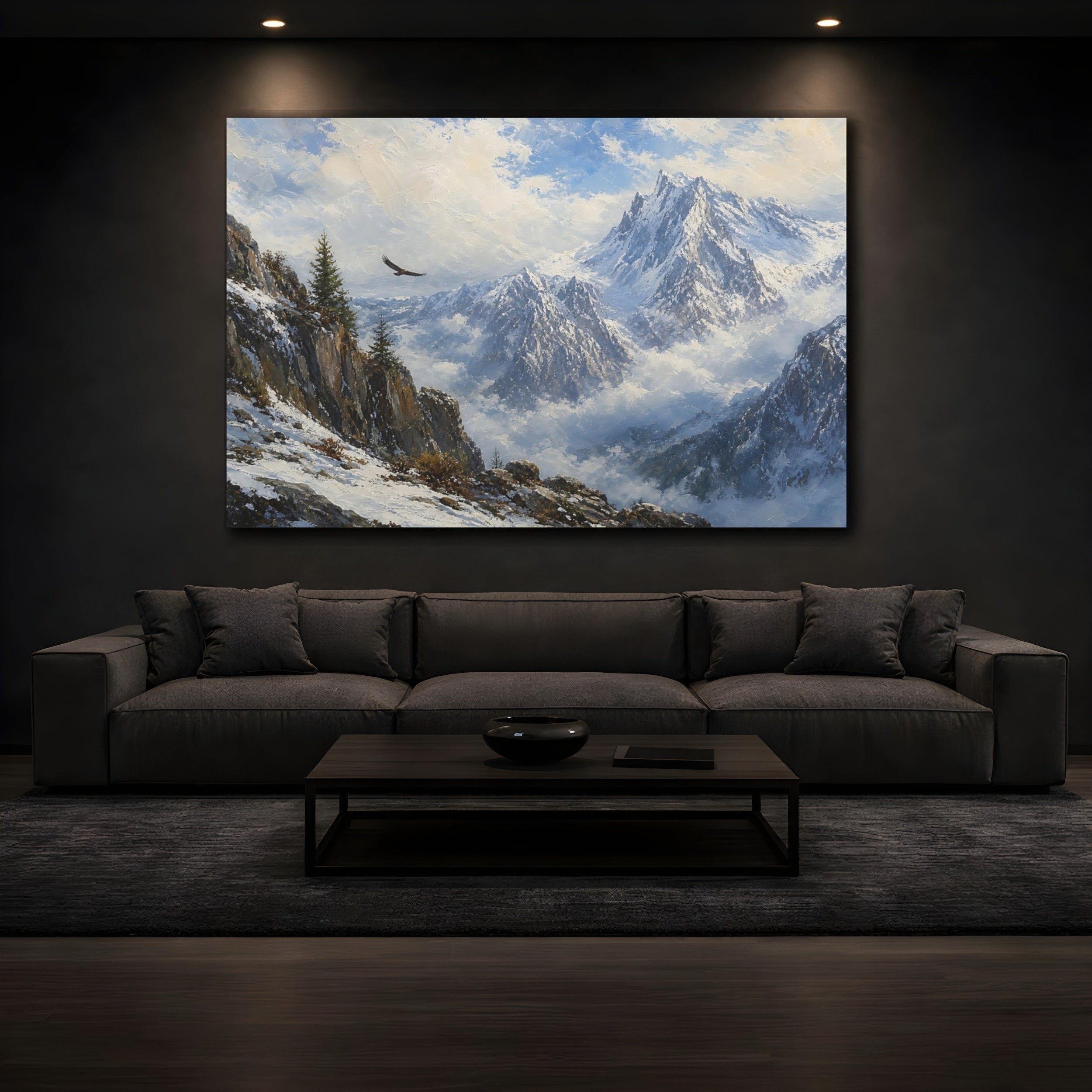 Mockup 3. Nature Mountain Landscape Blue And White Mountains shown as stretched canvas wall art
