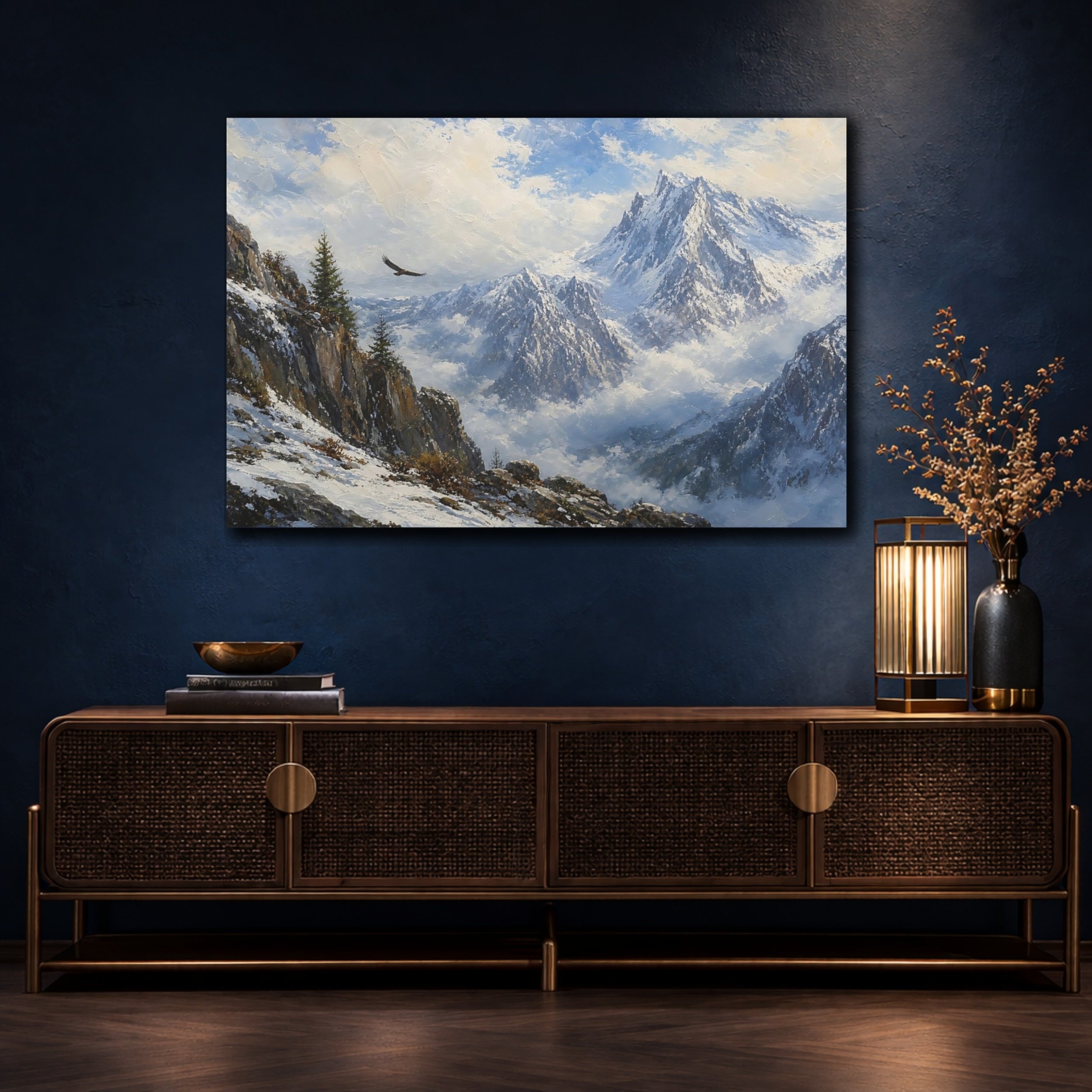 Mockup 4. Nature Mountain Landscape Blue And White Mountains shown as stretched canvas wall art