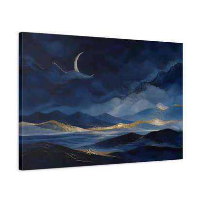 Side Mockup 2. Nature Mountain Landscape Blue Gold Landscape shown as stretched canvas wall art