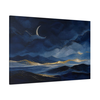 Side Mockup 1. Nature Mountain Landscape Blue Gold Landscape shown as stretched canvas wall art