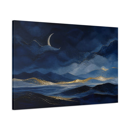 Main Mockup. Nature Mountain Landscape Blue Gold Landscape shown as stretched canvas wall art