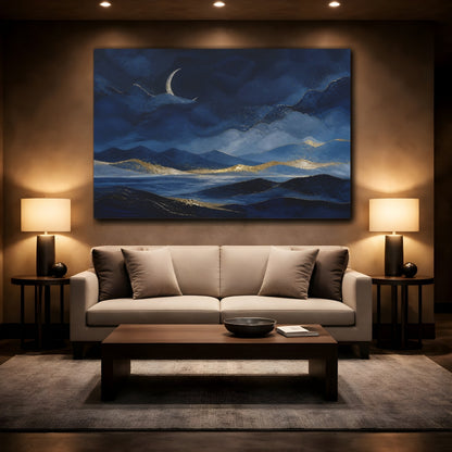 Mockup 2. Nature Mountain Landscape Blue Gold Landscape shown as stretched canvas wall art