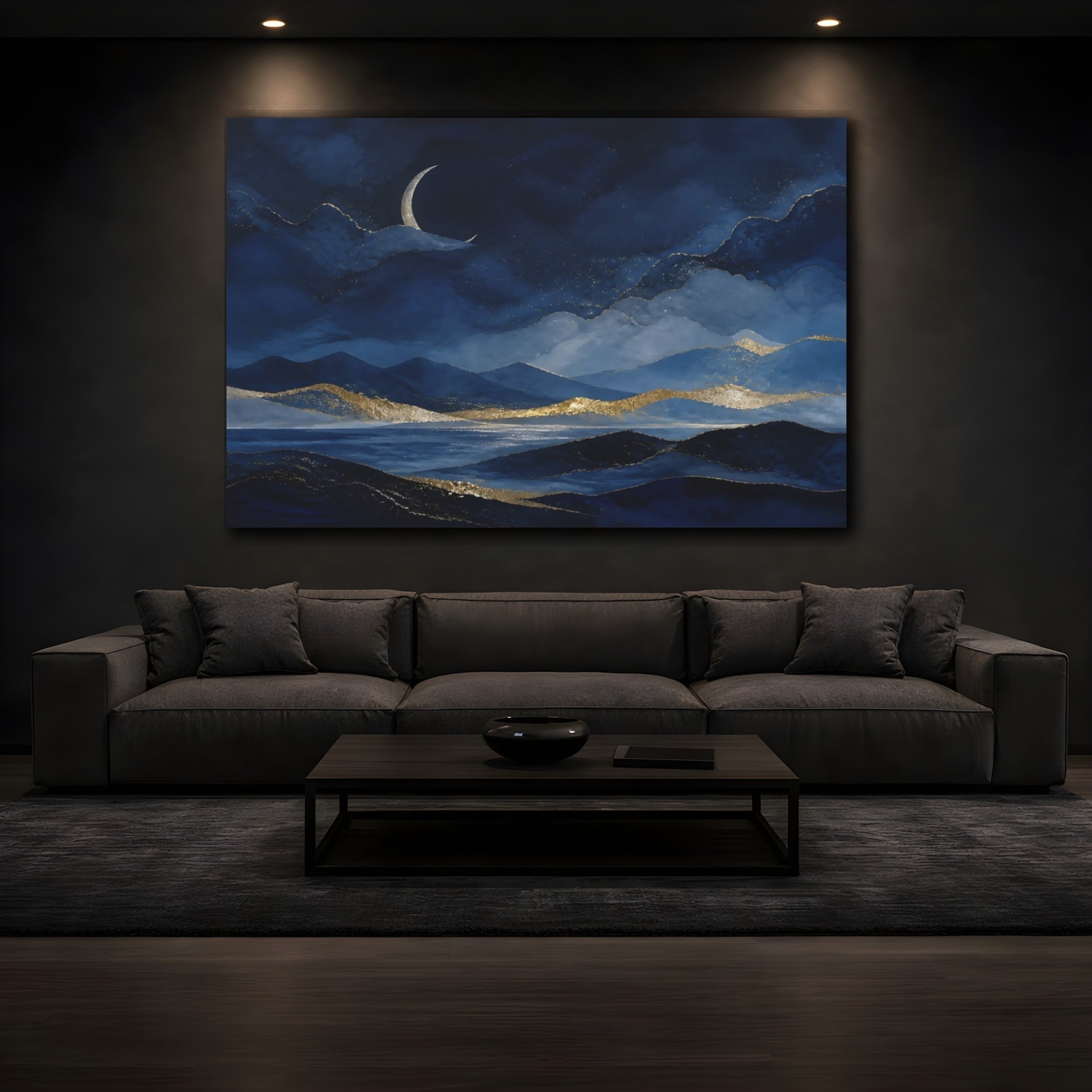 Mockup 3. Nature Mountain Landscape Blue Gold Landscape shown as stretched canvas wall art