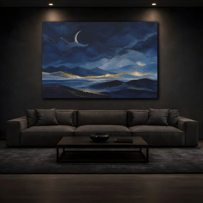 Mockup 3. Nature Mountain Landscape Blue Gold Landscape shown as stretched canvas wall art