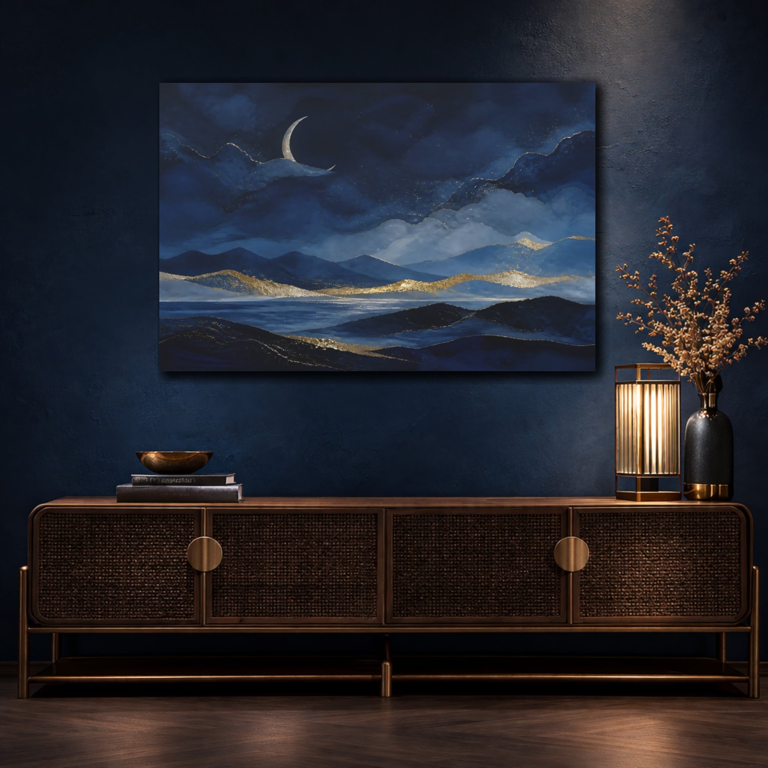 Mockup 4. Nature Mountain Landscape Blue Gold Landscape shown as stretched canvas wall art