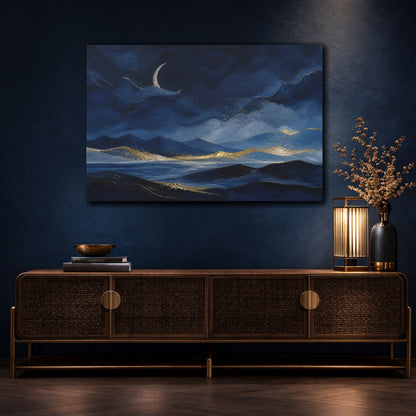 Mockup 4. Nature Mountain Landscape Blue Gold Landscape shown as stretched canvas wall art