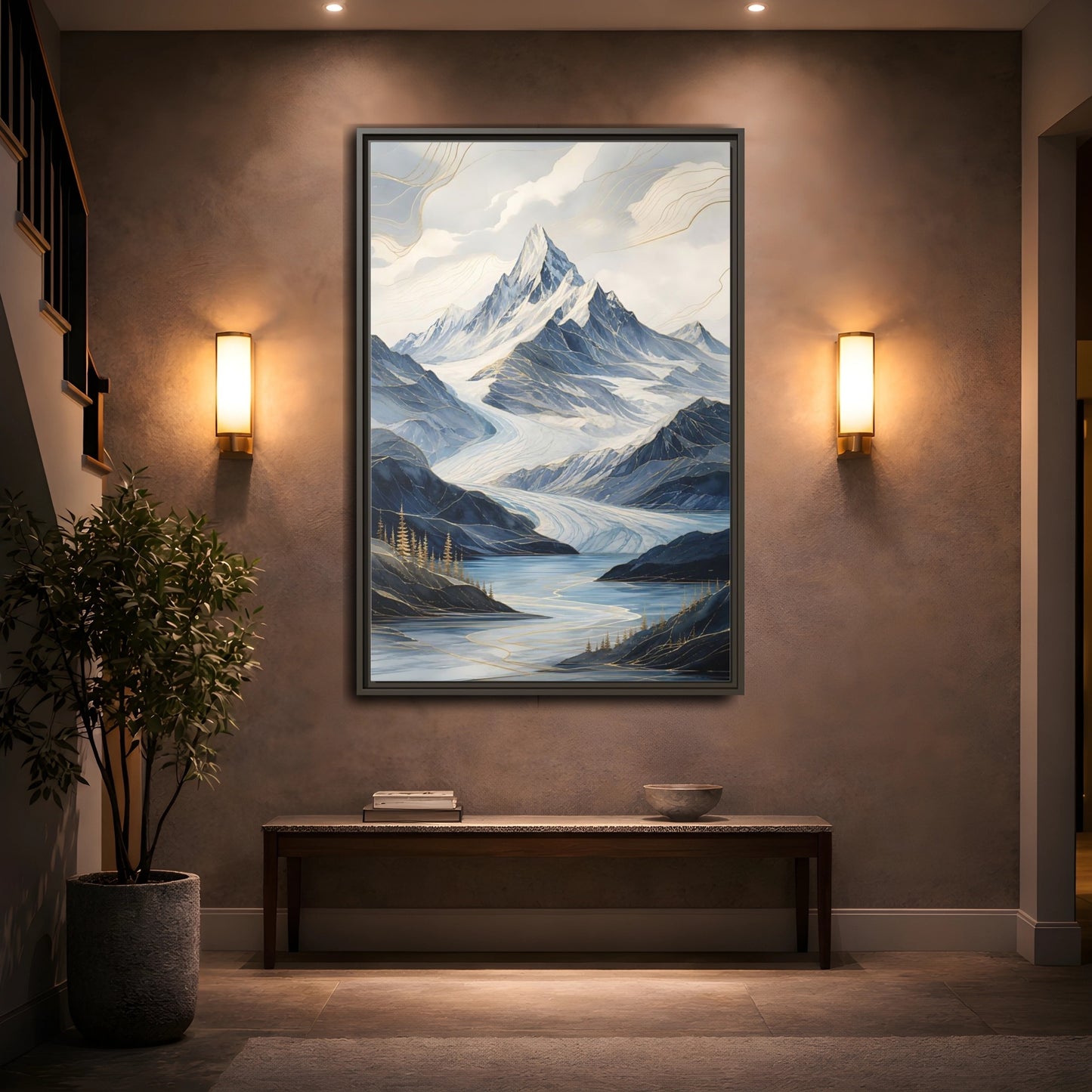 Nature Mountain Landscape Blue Framed Canvas Wall Art - Living Room, Above Fireplace shown as canvas wall art