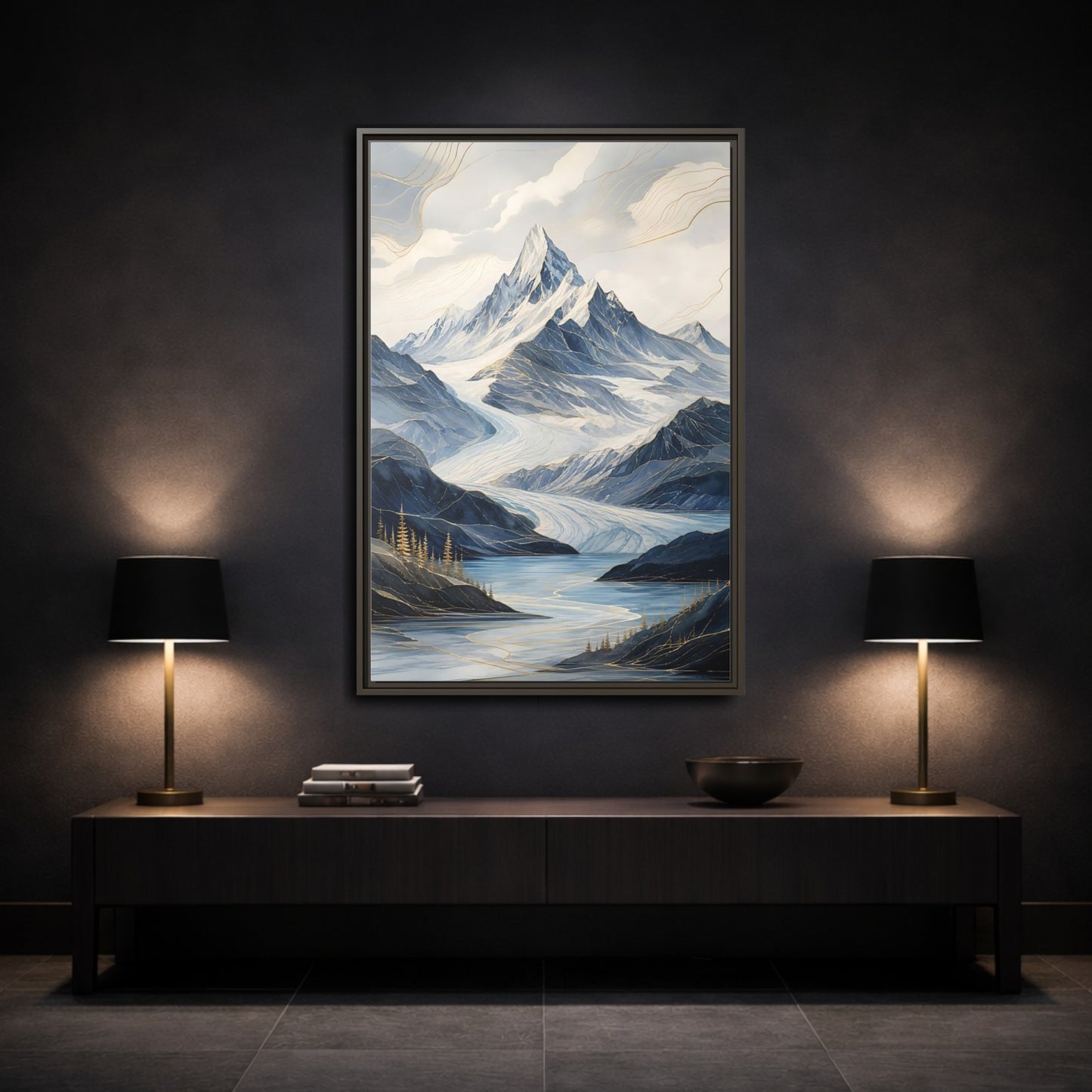 Nature Mountain Landscape Blue Framed Canvas Wall Art - Living Room, Above Fireplace shown as canvas wall art