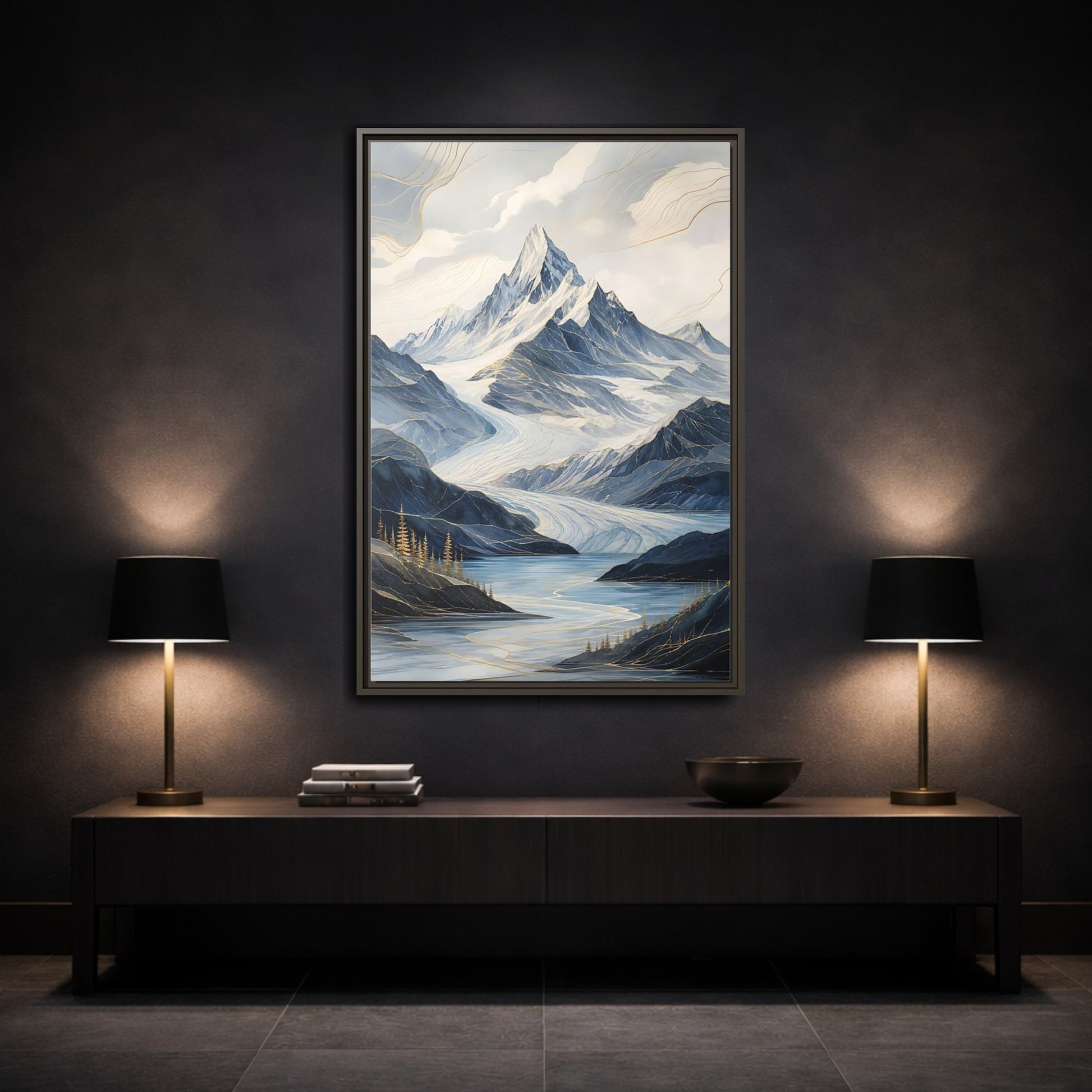 Nature Mountain Landscape Blue Framed Canvas Wall Art - Living Room, Above Fireplace shown as canvas wall art