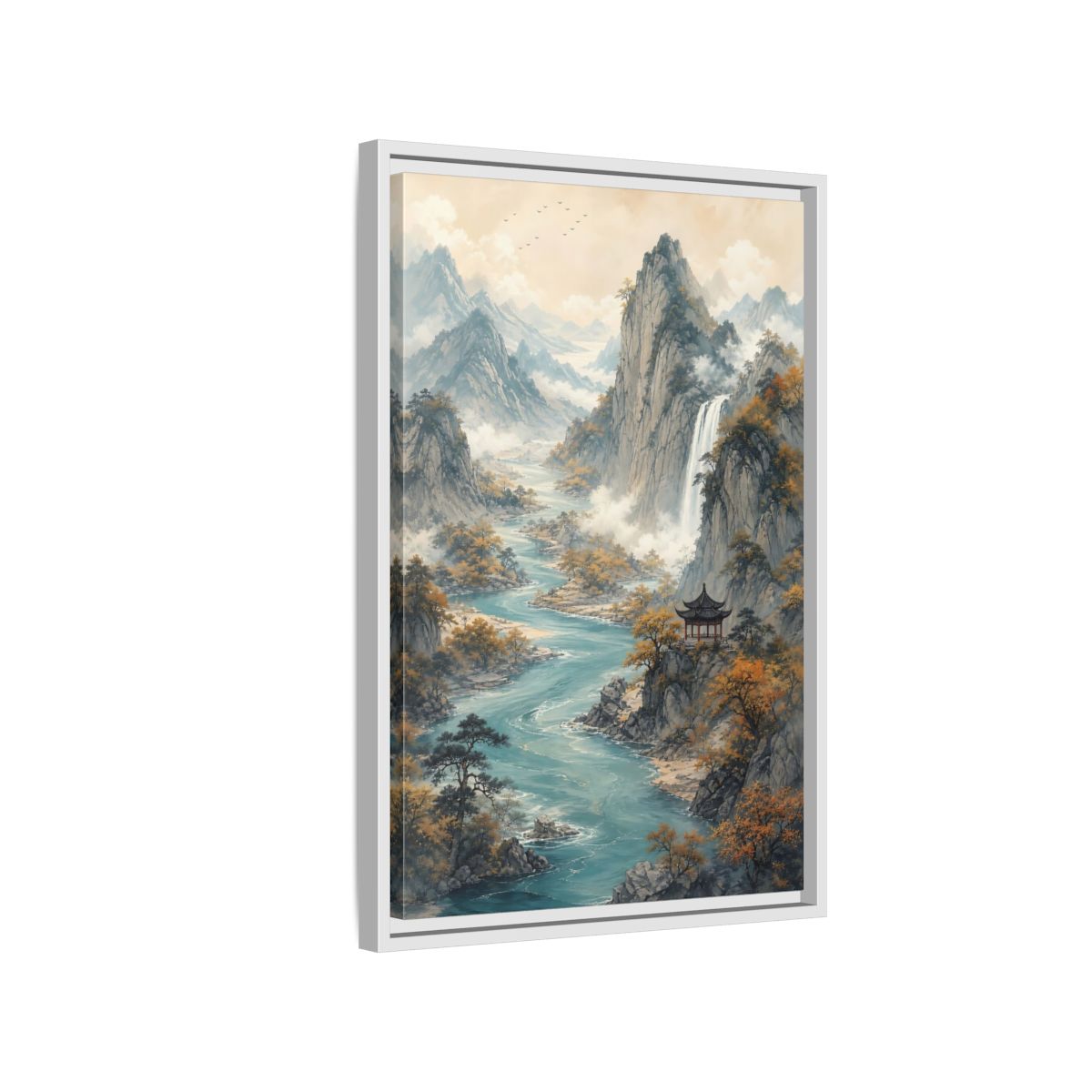 Side Mockup 1. Nature Mountain Landscape Brown And Blue Landscape shown as stretched canvas wall art