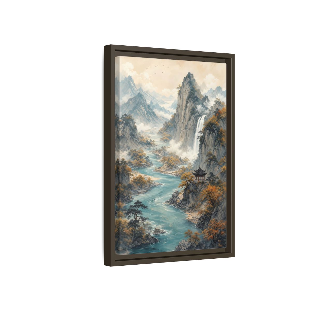Side Mockup 5. Nature Mountain Landscape Brown And Blue Landscape shown as stretched canvas wall art