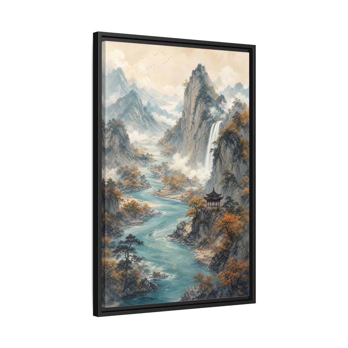 Side Mockup 14. Nature Mountain Landscape Brown And Blue Landscape shown as stretched canvas wall art