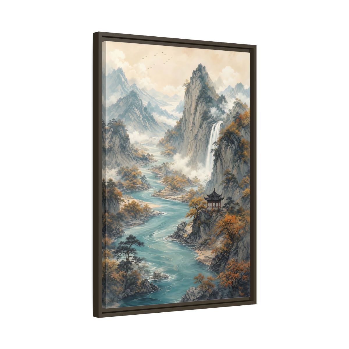 Side Mockup 11. Nature Mountain Landscape Brown And Blue Landscape shown as stretched canvas wall art